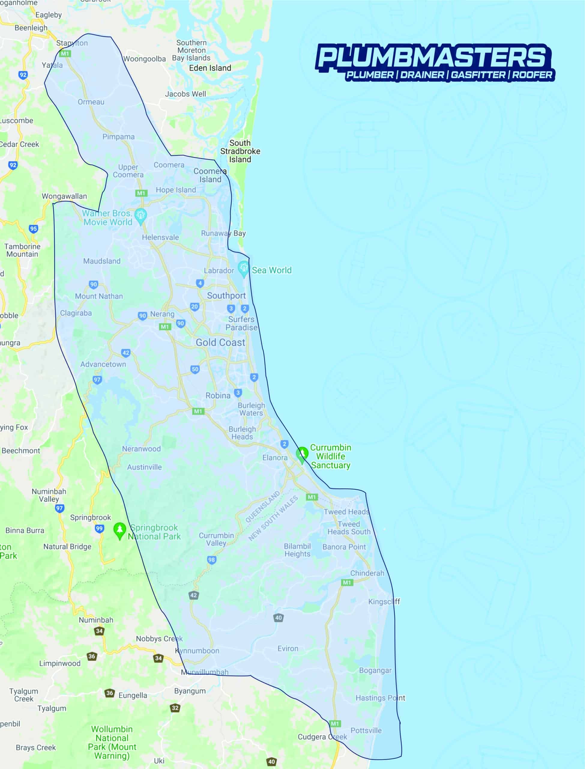 Plumbmasters Service Area map. Gold Coast and Tweed Coast